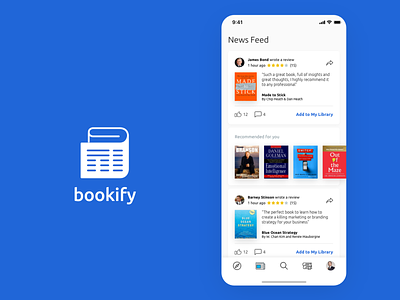 Bookify Bookstore App Newsfeed Screen book books bookshelf bookshop bookstore card clean comment e-commerce e-commerce app feedback layout like navigation newsfeed review reviews share social network white