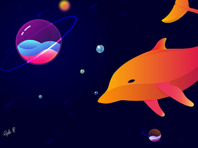 Swim within worlds! dolphin illustration planet vector