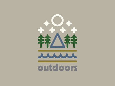 Outdoors logo adventure badge brand design draw drawing explore forest graphic design icon identity illustrate illustration logo moon mountains outdoors river stars trees