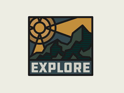 Explore badge adventure badge brand design draw drawing explore graphic design icon identity illustrate illustration logo mountain moutains nature outdoors sun wildlife