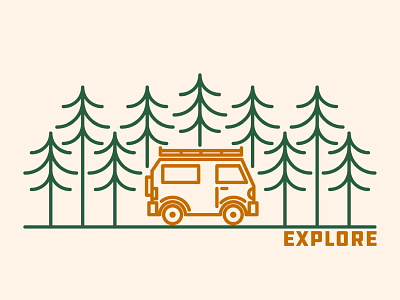 Explore badge campervan design draw drawing explore forest graphic design icon design identity illustrate illustration logo outdoors trees