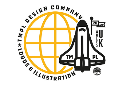 TMPL Design Co badge badge brand design draw drawing globe graphic design icon identity illustrate illustration logo planet space shuttle space travel