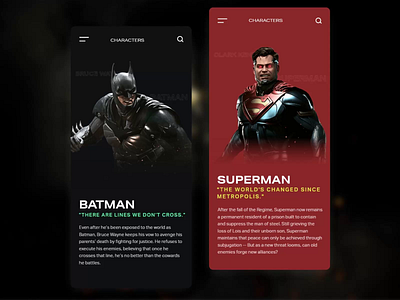 DC Mobile App animation app batman character comic design mobile superman ui uiux web