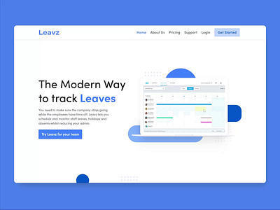 Leavz : Landing Page animation blue homepage interface landing landingpage landingpagedesign microinteraction minimal page pages ui uiux ux web web design website website design websitedesign