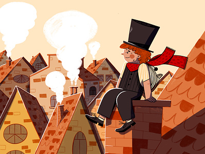 Chimney Sweep children chimney city cozy digital art houses illustration kidlit kids procreate rooftop scenery smoke