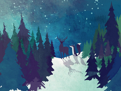 Winter Fox & Deer deer fox illustraion spruces winter