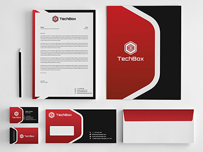TechBox Corporate Identity black box corporate identity hosting logo logo design modern music red stationary technology