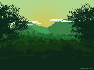 Sunset Landscape flat forest illustration minimalist mountains photoshop sun sunrise sunset trees