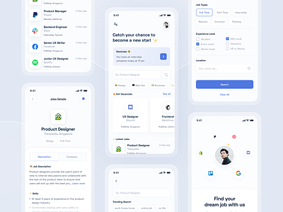 Job Finder App app blue design jobs layout minimalist uiux