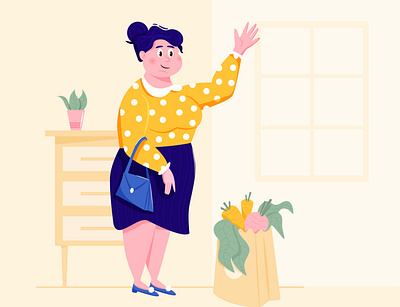 Cute woman in yellow blouse and blue skirt. Housewife character. character character design comission delivery female food freelance graphic design grocery housewife illustration male male illustration market vector vegetables woman