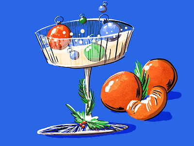 Christmas cocktail with mandarines and christmas tree toys. advertising beverage branding card design cartoon christmas cocktail comission graphic design greeting card holiday illustration illustration mandarin new year package design