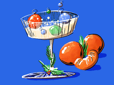 Christmas cocktail with mandarines and christmas tree toys.