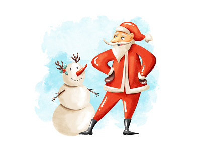 Santa Claus and snowman illustration cartoon character design comission design holidays illustration merry christmas portrait procreate