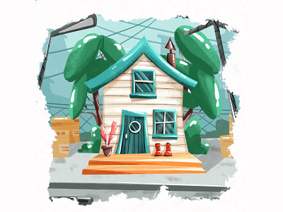 Cute summer house textured illustration.
