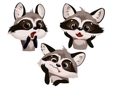 Cute cartoon raccoons amazing cartoon character children cute decorative design emotion funny furry head illustraion kid set vector