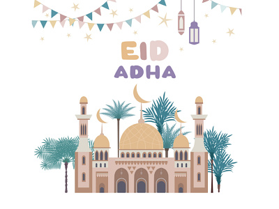 Al Adha Greeting card adha background celebration decorative design east eid happy holiday illustraion landscape lantern minimal mosque muslim orient palm print vector white