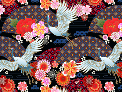 Seamless pattern with oriental motif art background bird crane decorative design fabric fan floral illustraion illustration japanese kimono ornate peony print sakura spring vector wallpaper