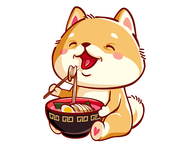 Shiba inu eats ramen background cartoon character children chinese cute decorative design dog food icon illustraion japanese logo lovely print ramen shibainu vector vectors