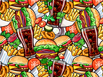 Seamless pattern with fast food background breakfast burger cartoon decorative design drink fast food fry hamburger illustration potato print restaurant seamless soda tsty vector wallpaper
