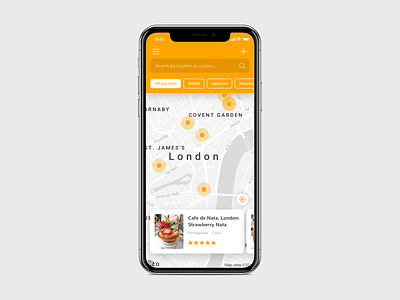 Restaurant Map app design card clean filter ios iphone map map view mobile app modern restaurant app search bar ui design