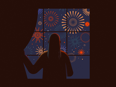 New Year's Eve 2021 alone cheers colorful countdown curtains fireworks illustration isolation lockdown new year new years eve night nye party stars window
