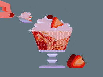 Cheesecake bowl cheesecake cream cup delicious dessert food fruit glass hand illustration spoon strawberry sweet