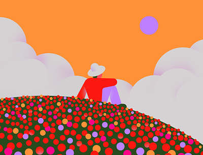 Springtime blossom calm chill clouds colorful field flat flowerly flowers hill illustration nature poppies spring springtime