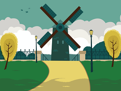 Windmill clouds design illustration illustrator landscape nature trees