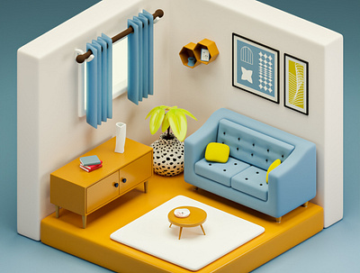 3D tiny living room 3d art blender furniture glasses living room plants rug sofa tiny