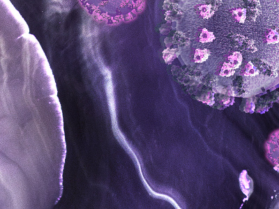Coronavirus under a microscope on a purple background