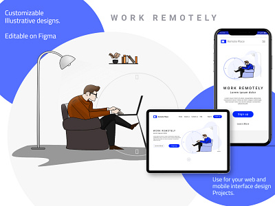 work remotely illustration mobile app ui ux vector web design