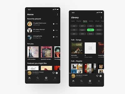 Spotify Redesign - Home and Library Page app dark design mobile app music app spotify ui ux