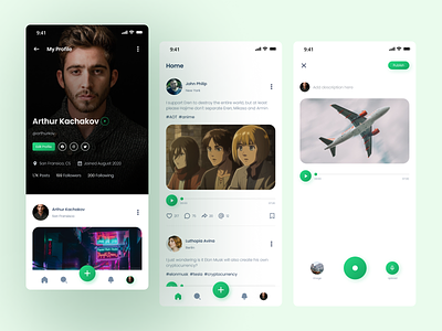 Devoice - Voice based social media app app design green home page mobile app profile page social media social media app ui ux voice app