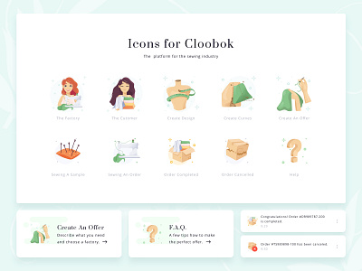 . Cloobok Icons create curves delivery design faq help icons illustrations industry notifications offer order product sewing site ui web