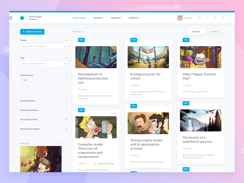 . Fair of ideas filter cards list projects school site ui web
