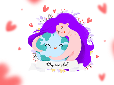 . My world art earth girl hugs illustration love planet world