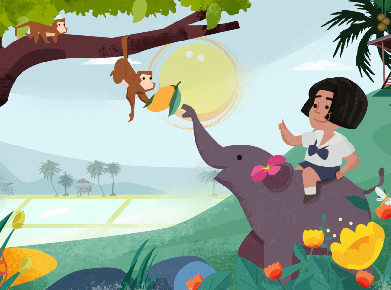 Asian Classic story angkritth animal character countryyard elephant forest illustration kid medow student thailand tree wild