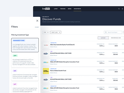 Fund Search - Livewire design figma finance fintech investing search ui ui design web design