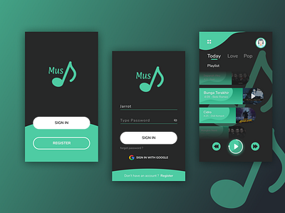 Mus App - Enjoying Your Music Play app dark design enjoy icon login screen minimal mobile mobile app music music app popular simple simple logo ui ui design uiux
