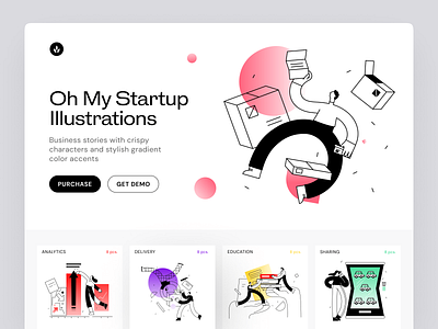 Meet oh my Startup Illustrations app application bright business characters colorful craftwork error finance illustrations landing message presentation service startup technologies web website workflow