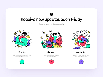 Friday Illustrations + UI = 🥰 app application bright characters colorful constructor design elements illustrations landing launch models presentation project scene startup ui web website