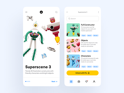 Superscene 3D Constructor 🥰 3d app app design application bright characters colorful conatructor contrast craftwork illustration illustrations it objects product robots ui ux uxui volumetric