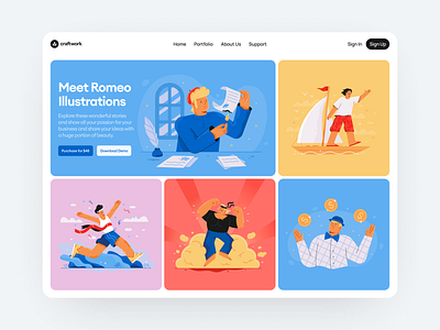 Romeo Illustrations 🌿 app application background bg bright colorful craftwork design illustrations landing product romeo stories ui vector web website