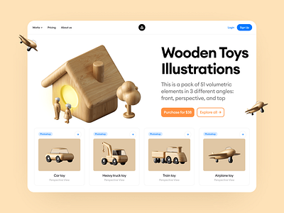 Wooden Toys 🥰 3d app application colorful craftwork design graphics illustrations landing product shapes texture toys ui web website wooden wooden toys