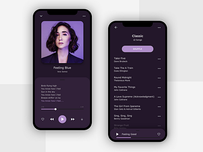 Music App cool colors dailyui dark theme design interface design mobile app monochrome music music app music player ui player violet