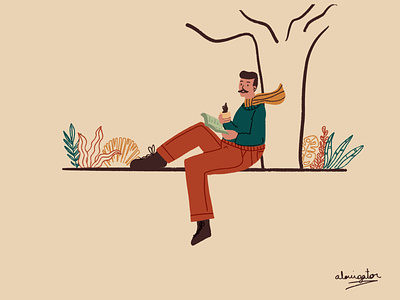 Autumn pastime // Weekly Warmup autumn book character coffee coffee cup dribbleweeklywarmup fall flower flowers illustration leaves plant plants procreate procreate art read reading scarf tree trees