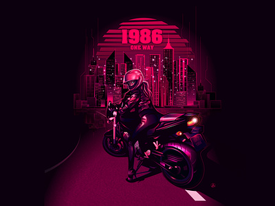 1086 One Way/Adobe Illustrator bike graphic design illustration motorcycle neon city new retro wave night city panorama pink retro retrowave vector