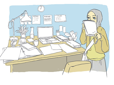 Occupied . beautiful book design desk girl hijab hobby illustration messy muslim sketch