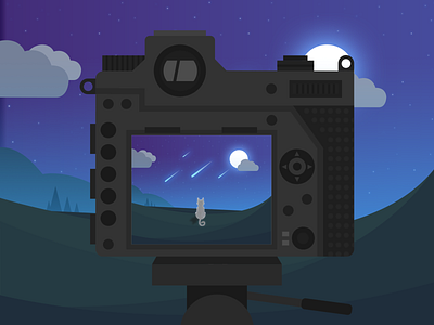 Through The Camera cat design practice flat design illustration moon night sky photography shooting star star