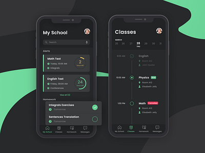 School Schedule App app calendar dark dark mode dashboard design flat green iphone list menu mobile profile schedule school tag tiles timeline ui ux